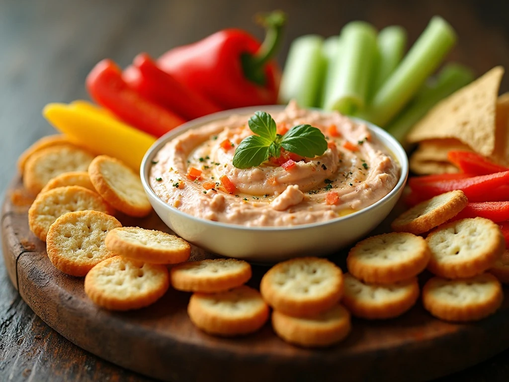 Hot crab dip with crostini, crackers, vegetables, and tortilla chips