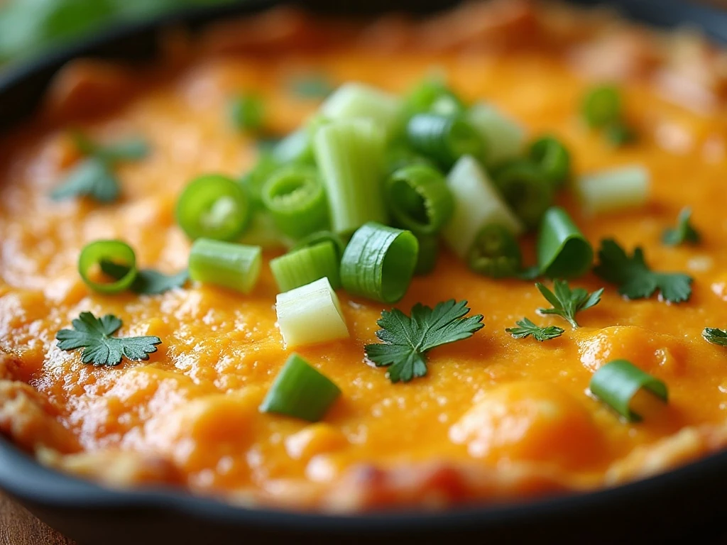 Close-up of golden hot crab dip with green onion garnish