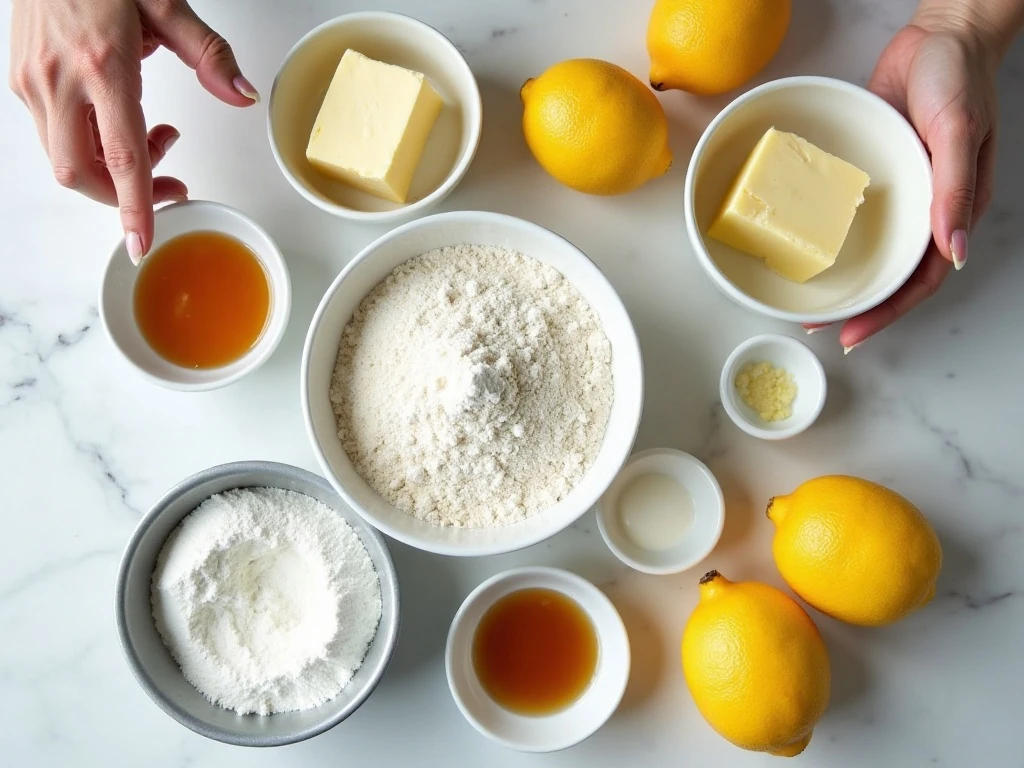 Ingredients for homemade lemon loaf cake arranged on a counter