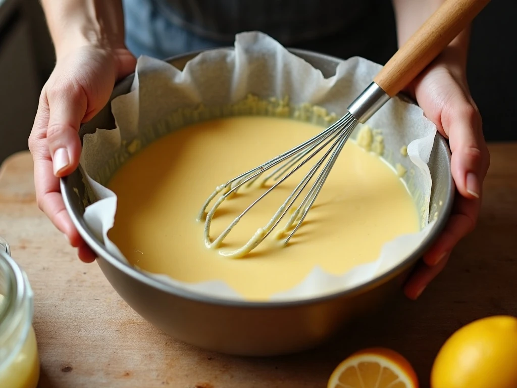 Mixing fresh lemon cake batter before baking