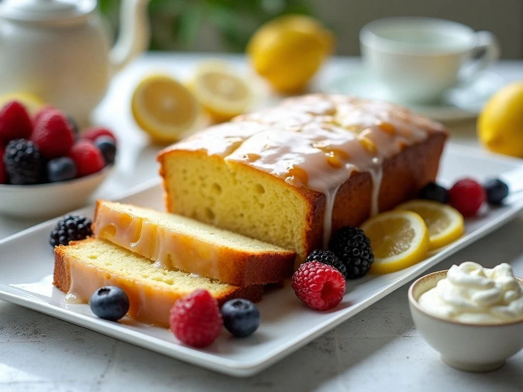 Glazed lemon loaf served with berries and lemon slices