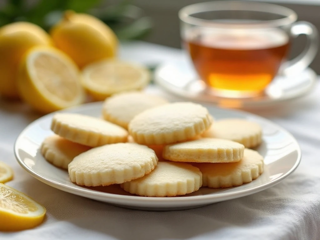 Buttery lemon shortbread cookies arranged on a plate with fresh lemons