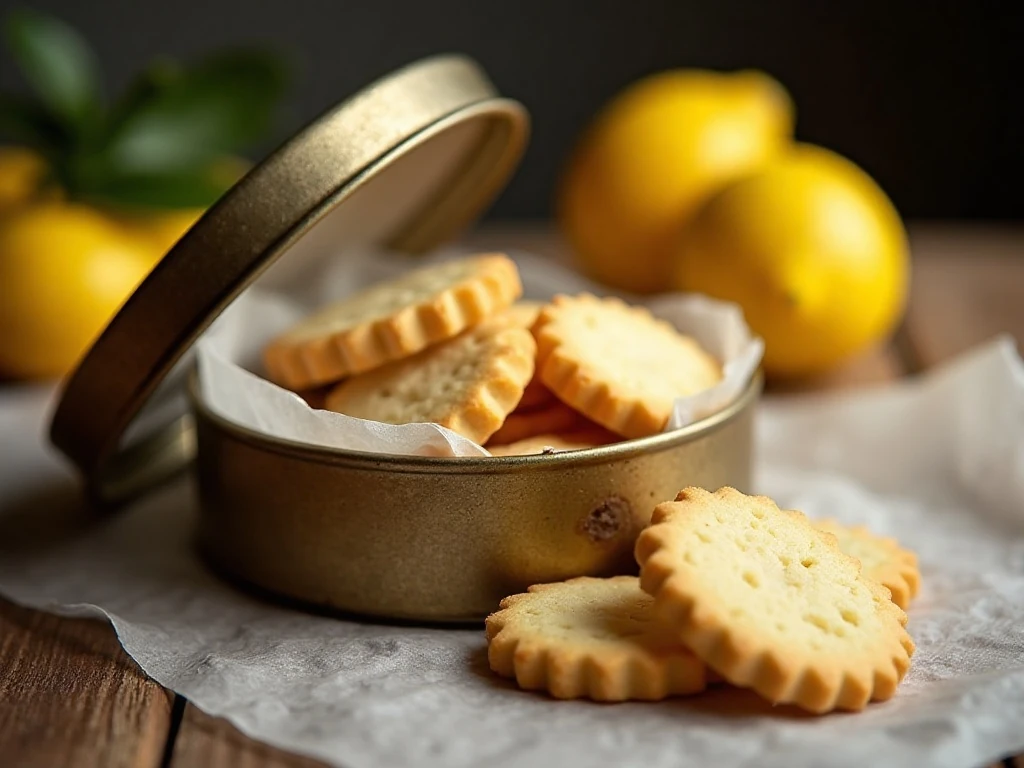 Lemon shortbread cookies stored in a parchment-lined cookie tin