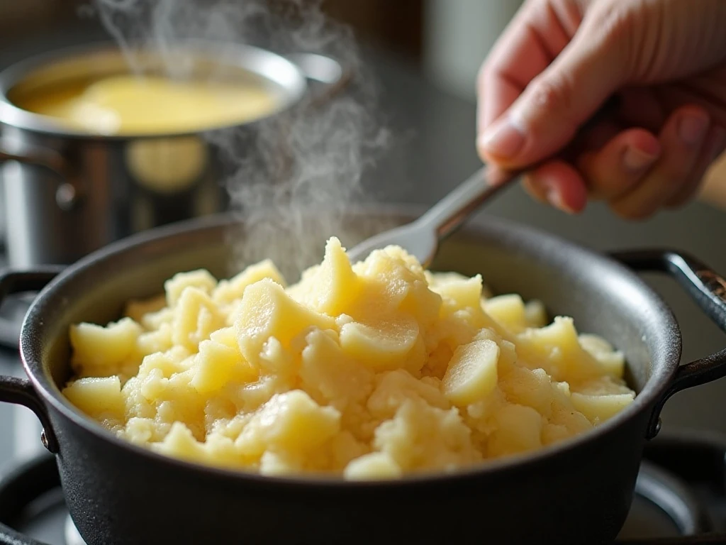 Mashing hot potatoes with warm butter and cream