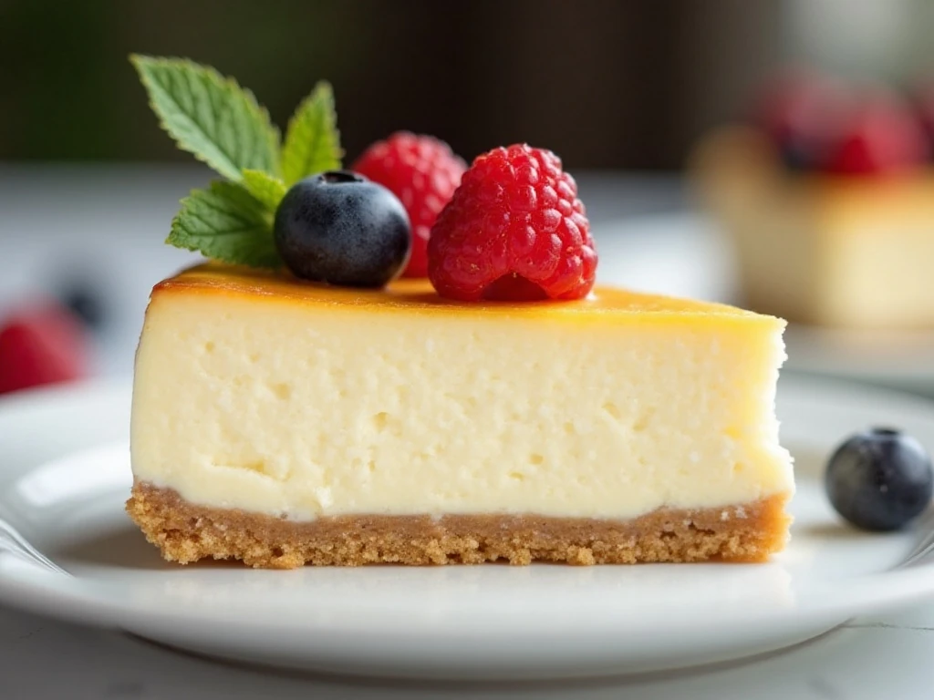 Slice of creamy no-bake cheesecake with berries