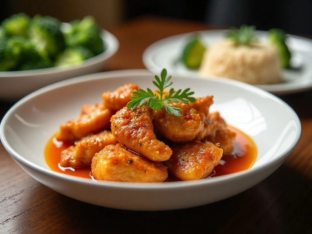 Crispy orange chicken served with rice and broccoli