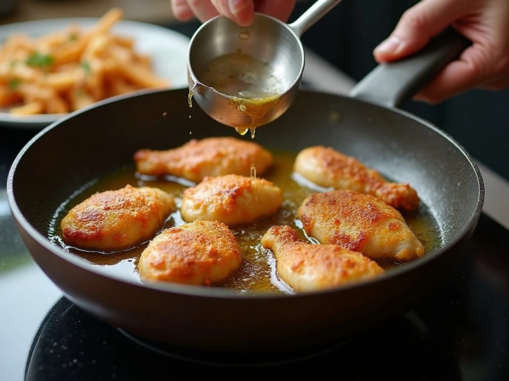 Chicken pieces pan-frying until golden and crisp