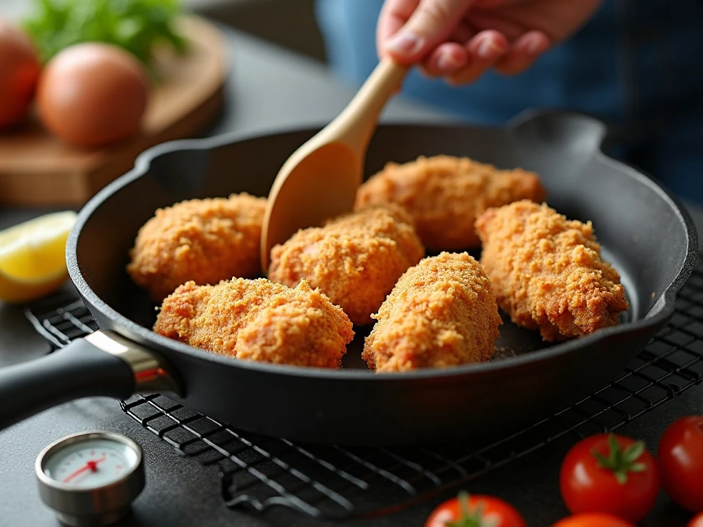 Crisp fried chicken resting on a rack