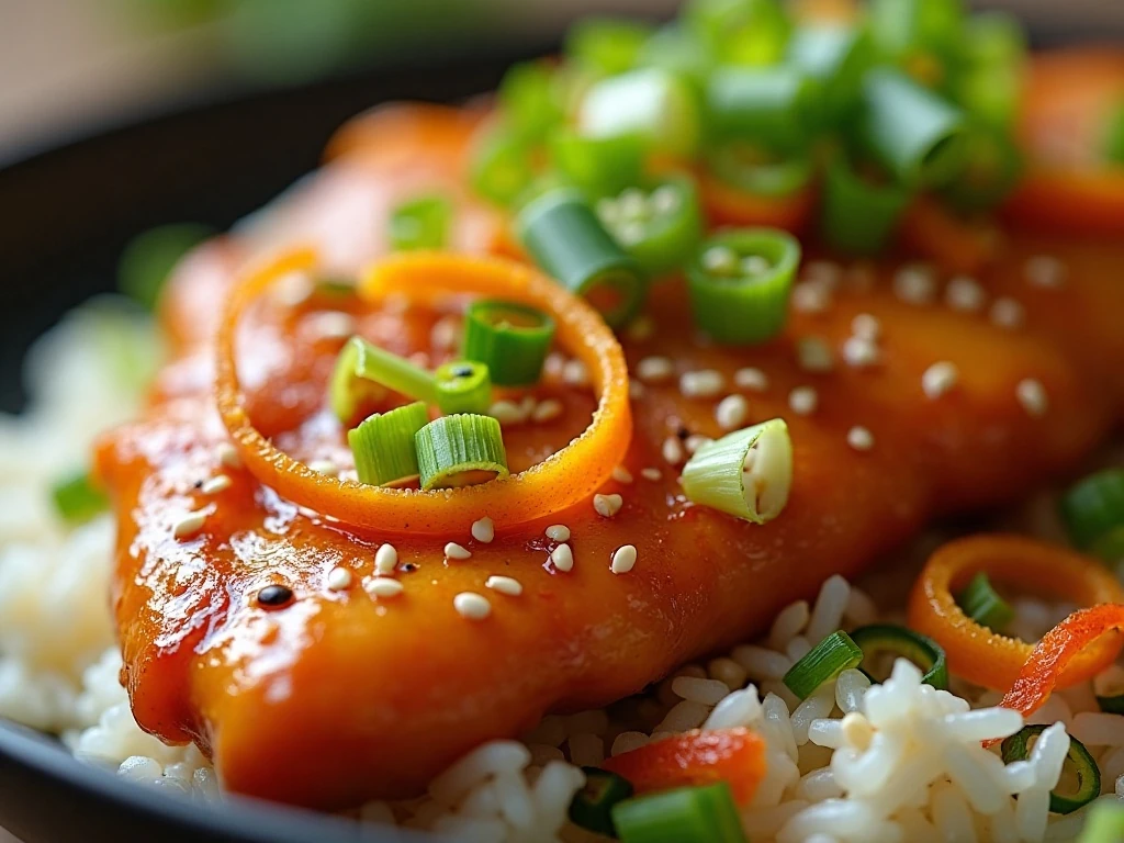 Orange chicken garnished with green onions and sesame seeds