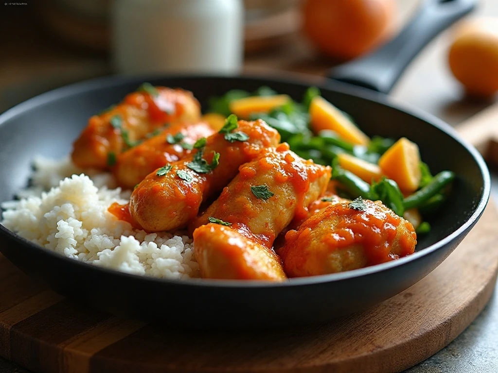 Reheated orange chicken served with rice and vegetables