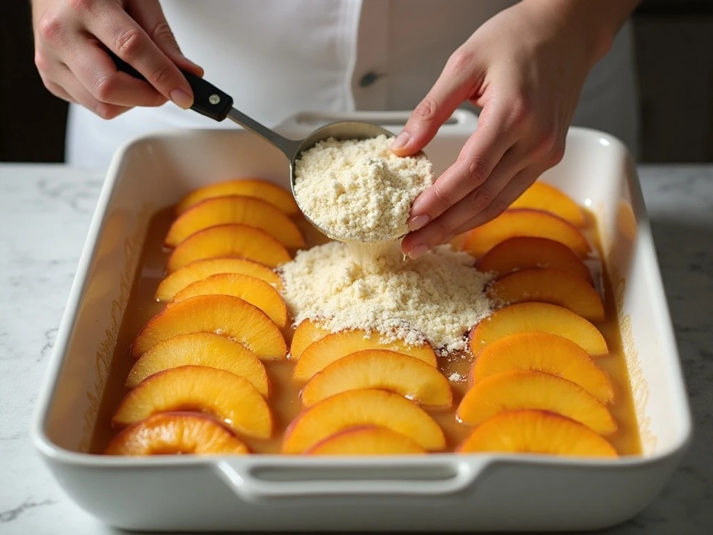 Layering peaches and dry cake mix for dump cake