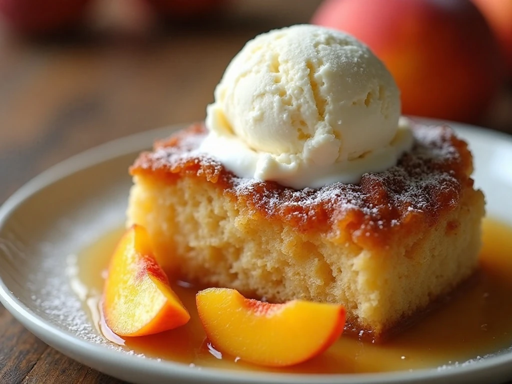 Peach dump cake with ice cream and peach slices