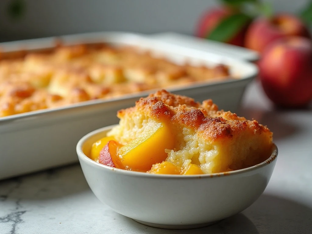 Reheated peach dump cake ready to serve