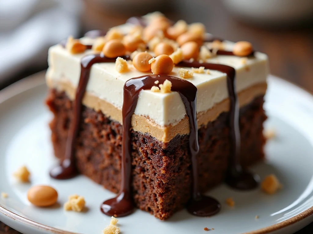 Slice of chocolate peanut butter poke cake with fudge and Reese’s candy topping