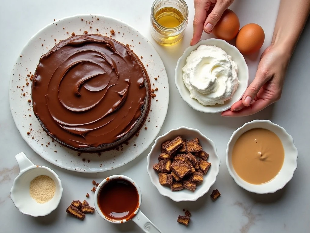 Ingredients for peanut butter poke cake arranged for baking