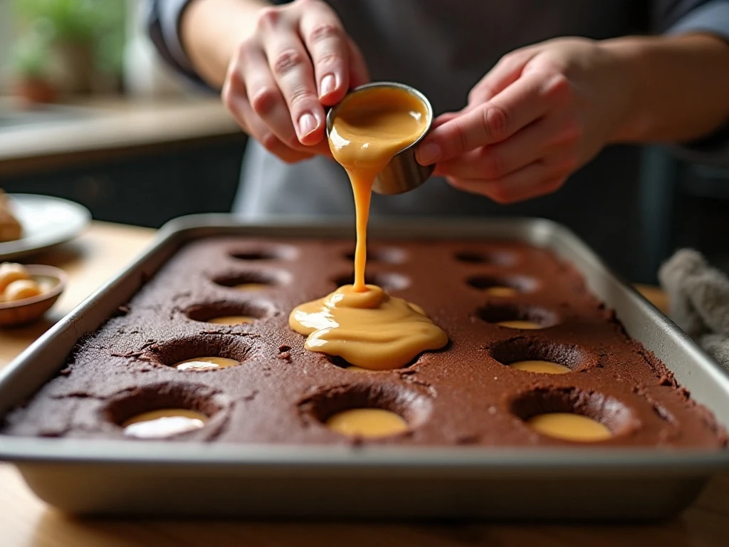 Peanut butter being drizzled over chocolate poke cake