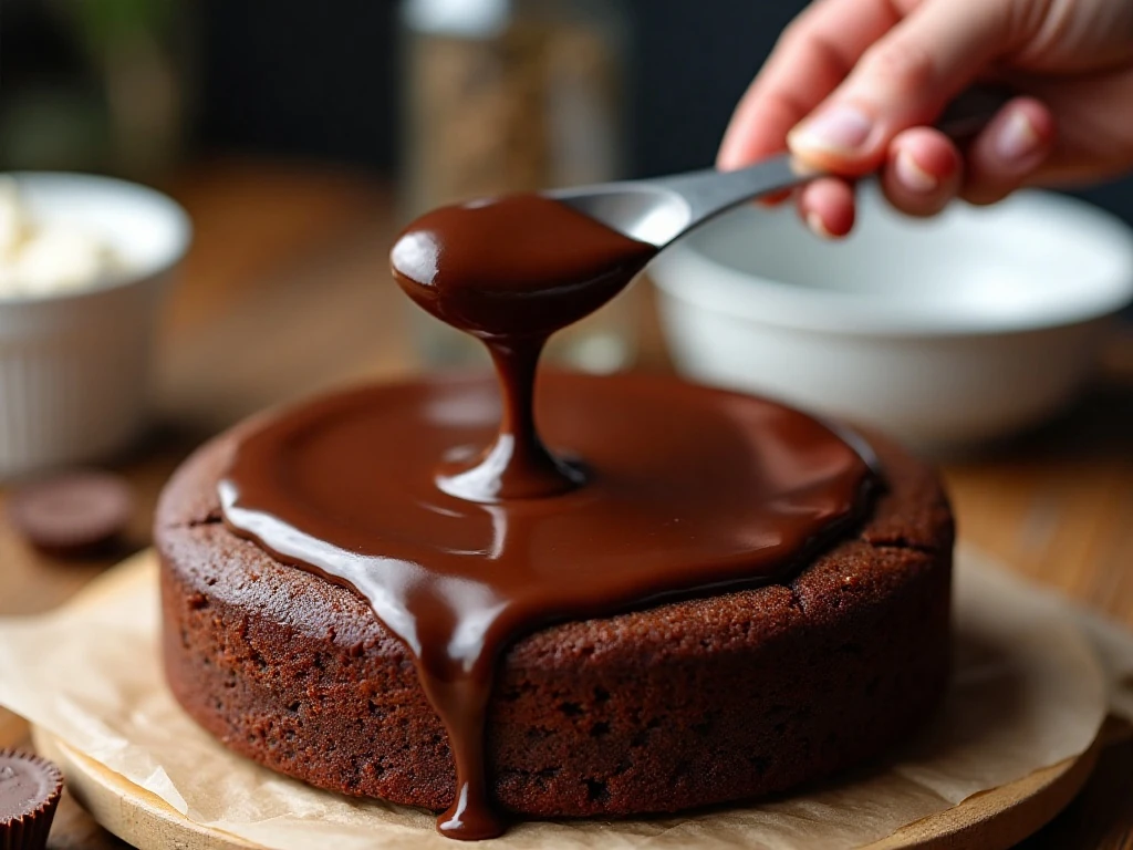 Spreading hot fudge over cooled peanut butter poke cake