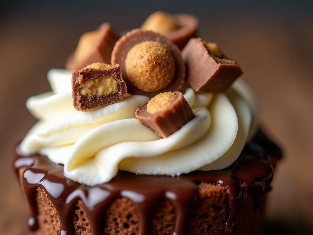 Close-up of Reese’s candy topping on peanut butter poke cake
