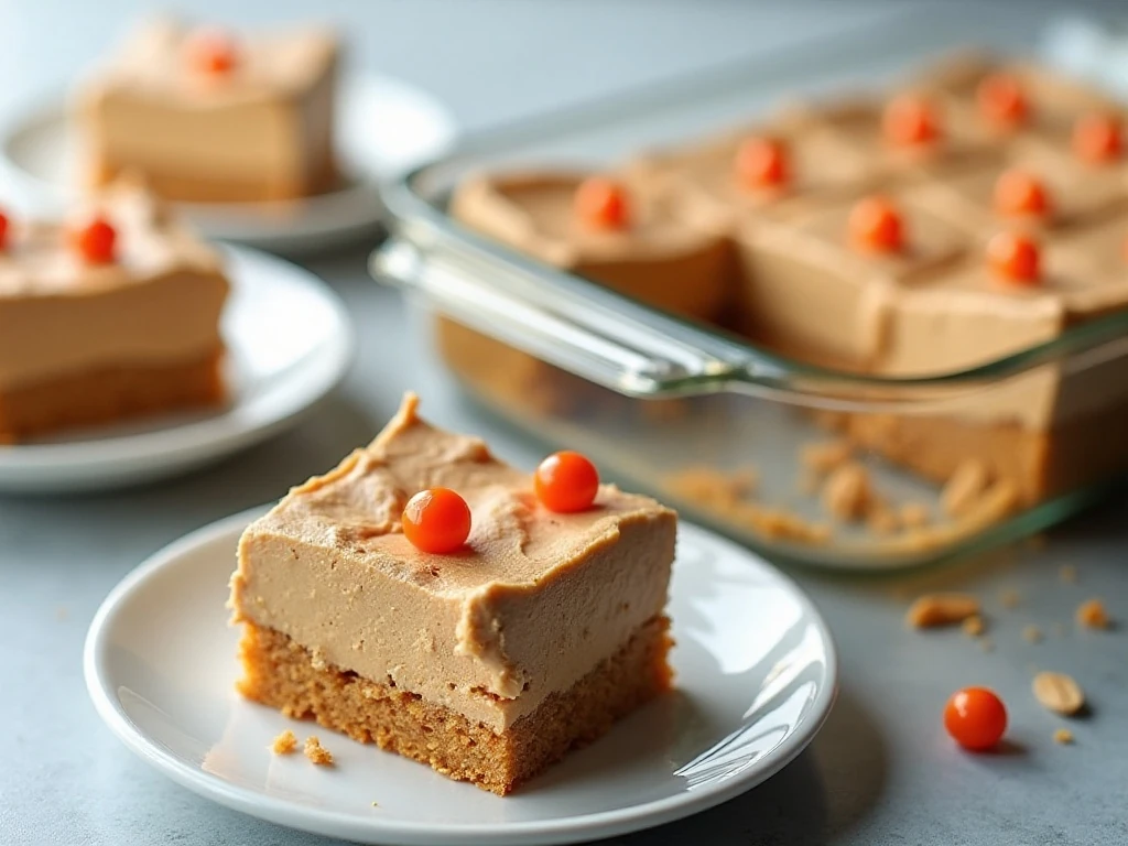 Chilled peanut butter poke cake ready for serving