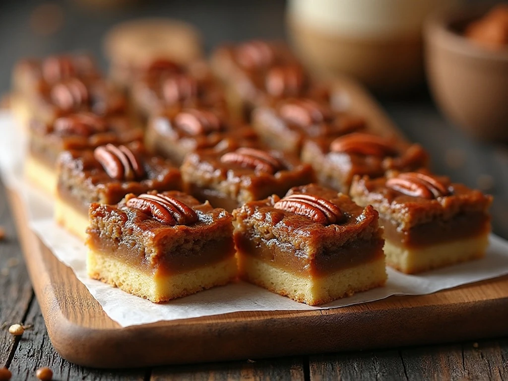 Golden pecan pie bars arranged for serving