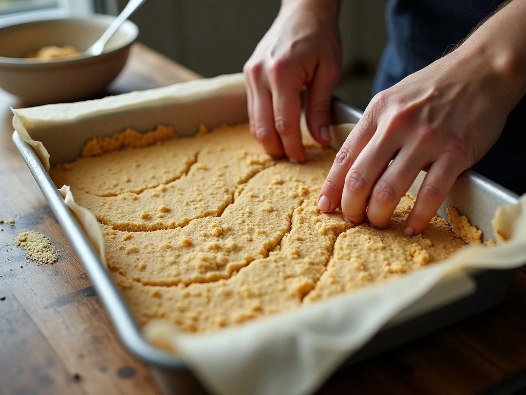Pressing shortbread crust into a baking pan