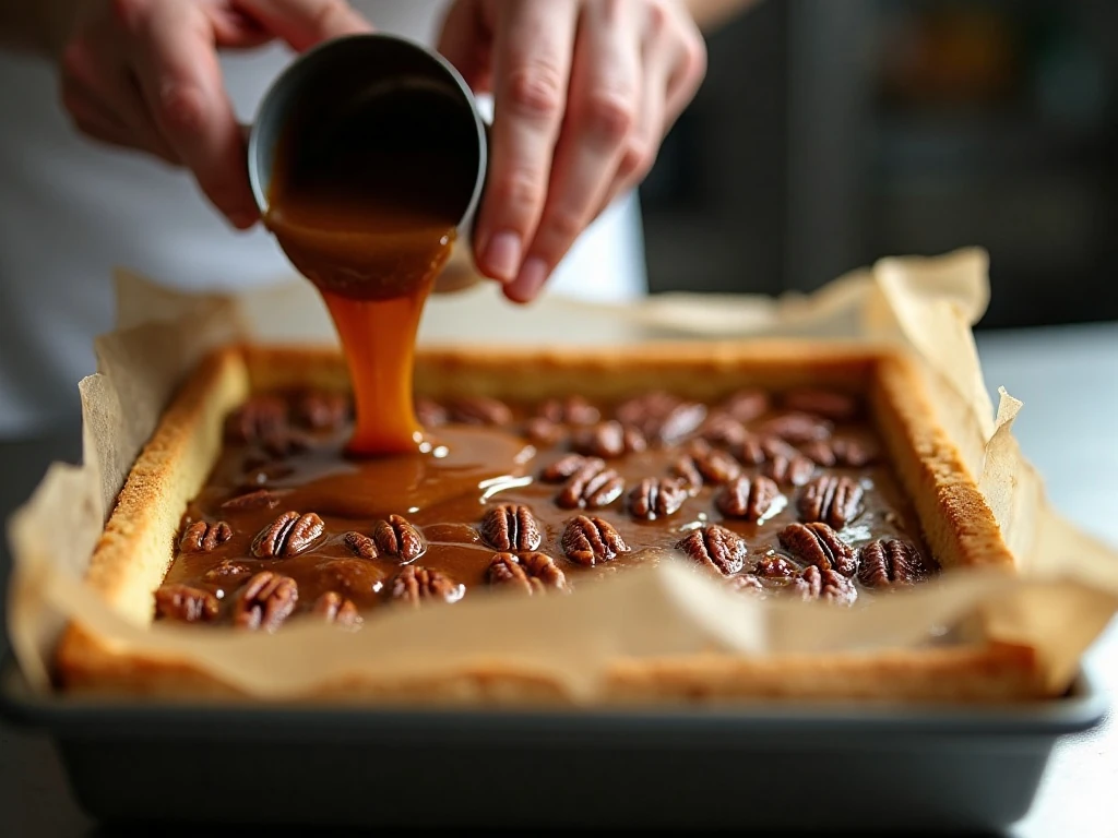 Pouring pecan filling over the hot shortbread crust
