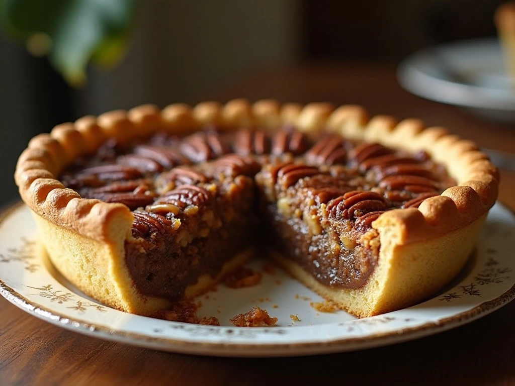 Classic Southern pecan pie with a golden crust and glossy pecan topping