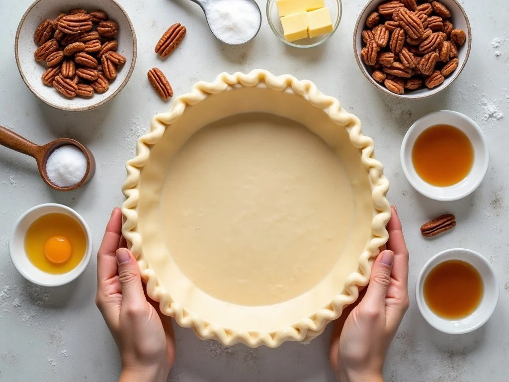 Ingredients for homemade Southern pecan pie arranged on a counter