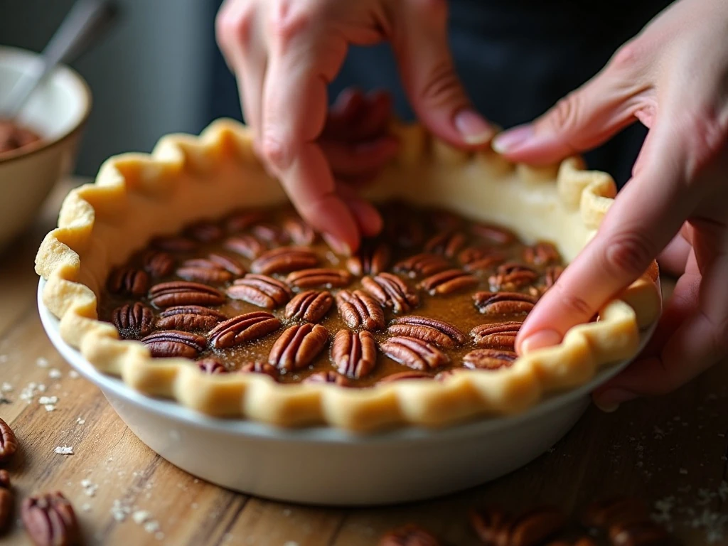Pecans arranged in an unbaked pie crust before adding the filling