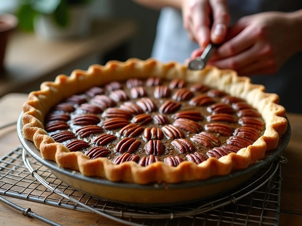 Freshly baked pecan pie cooling on a rack with a golden crust
