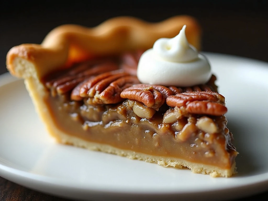 Slice of Southern pecan pie served with whipped cream