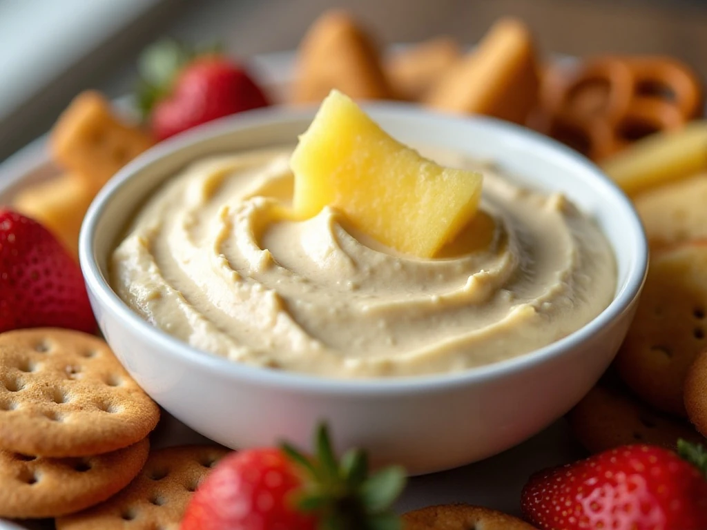 Creamy pineapple dip served with cookies, pretzels, and fresh fruit