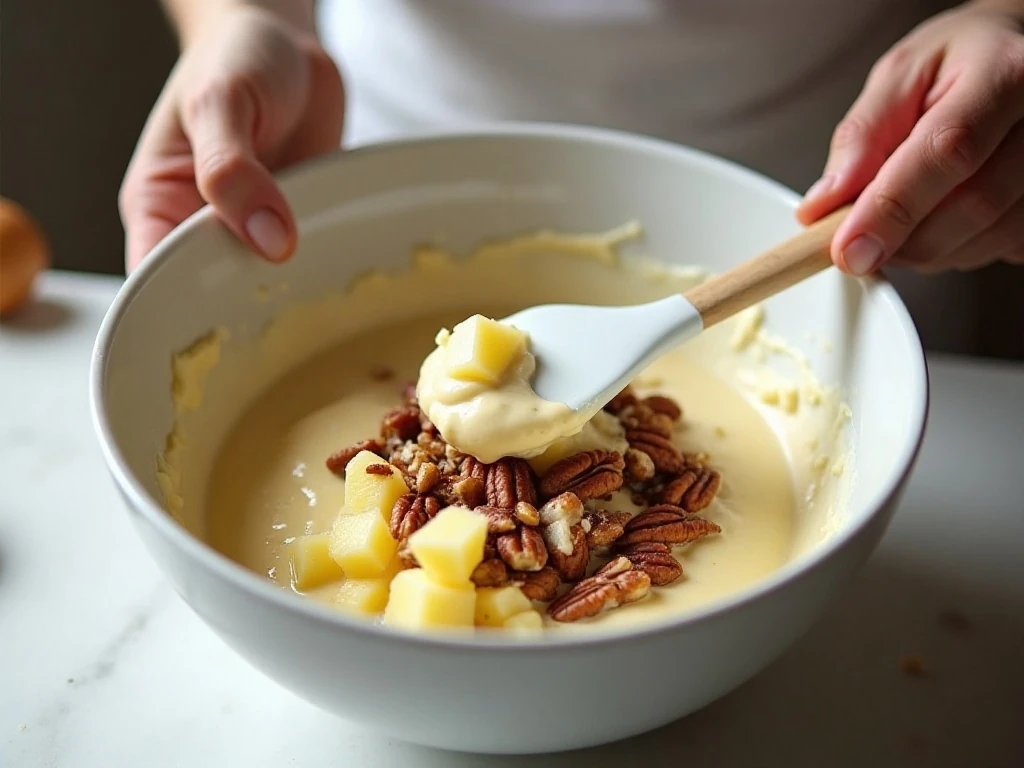 Folding crushed pineapple into the creamy dip mixture