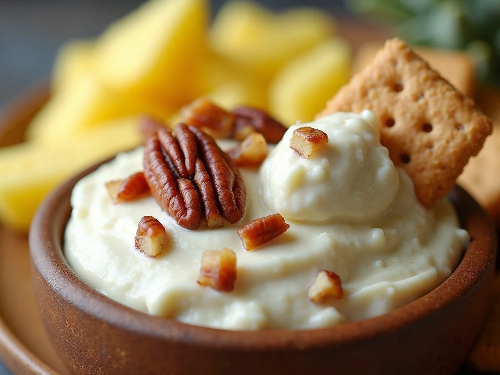 Pineapple dip topped with chopped pecans and ready for dipping