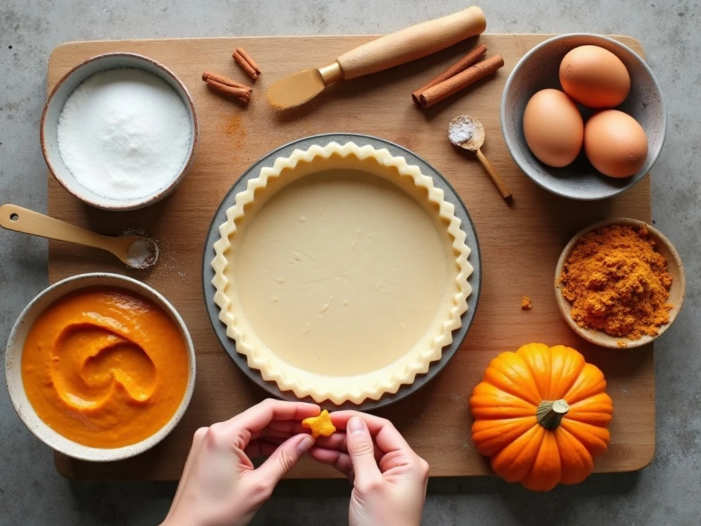 Ingredients for pumpkin pie custard arranged for baking