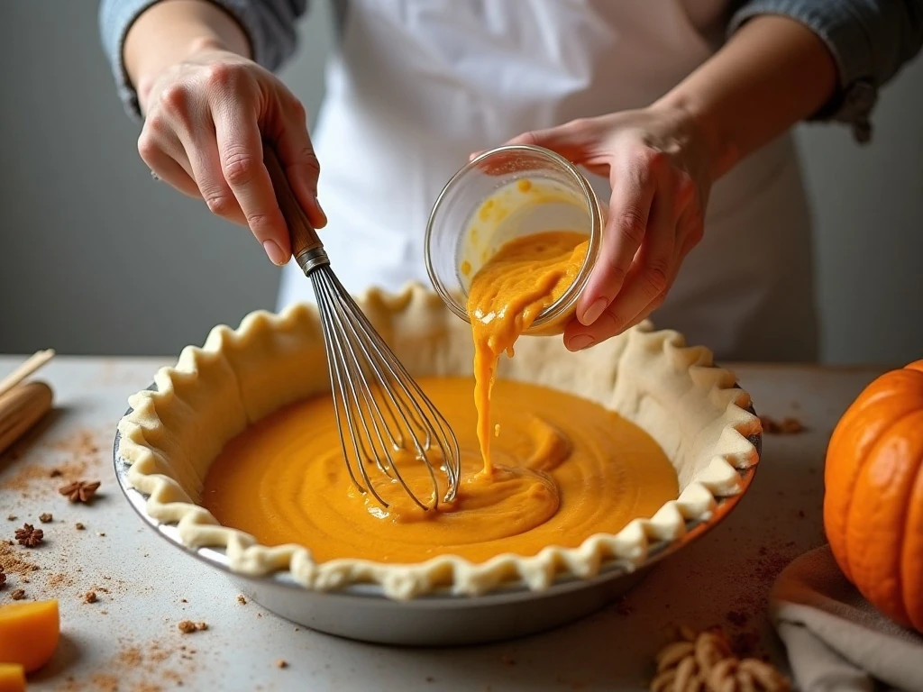Whisking the pumpkin custard filling before baking