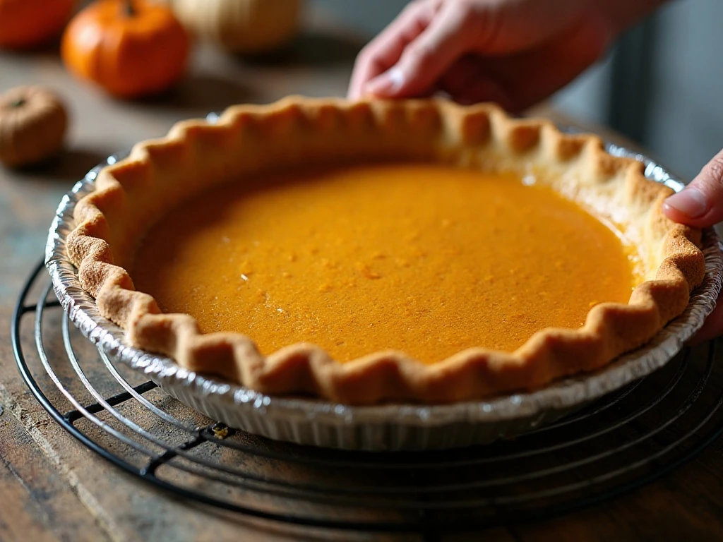 Pumpkin pie cooling with the crust edge protected