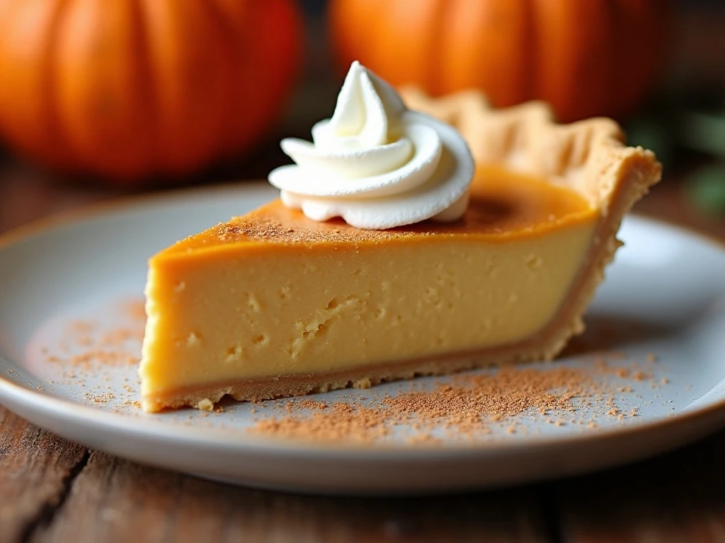 Pumpkin pie custard slice topped with whipped cream and cinnamon