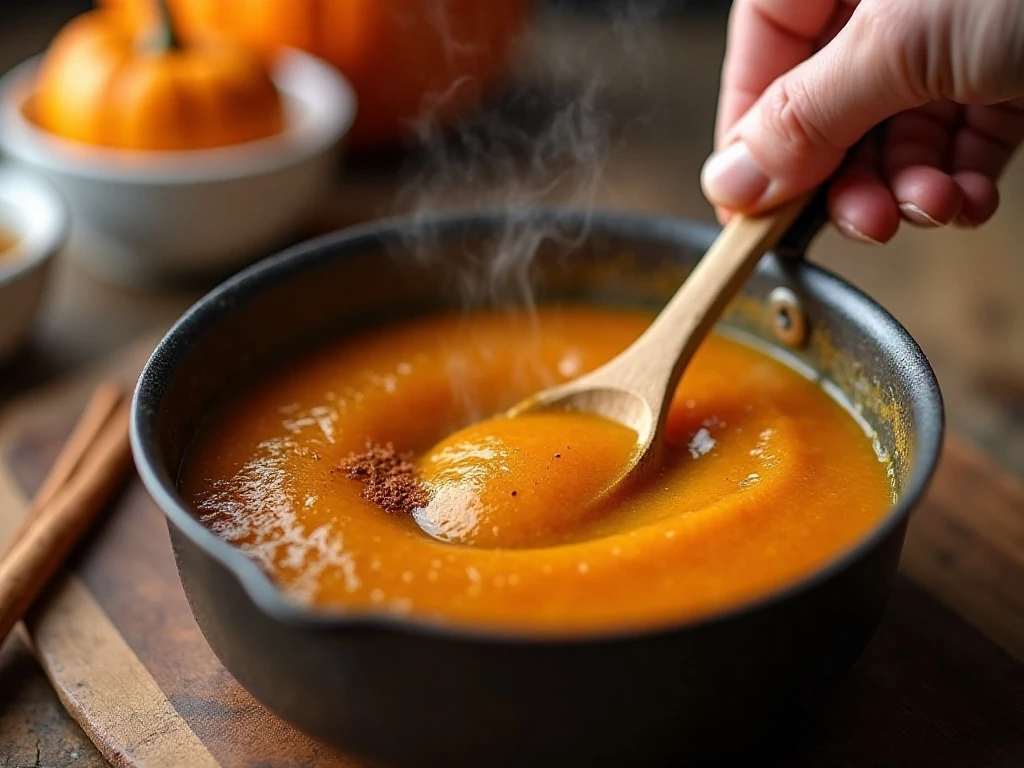 Pumpkin spice syrup gently simmering in a saucepan