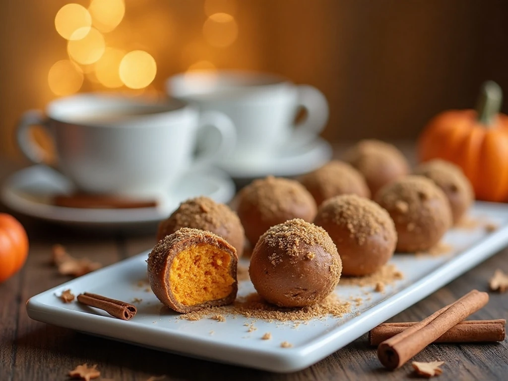 Pumpkin truffles arranged on a festive autumn dessert table