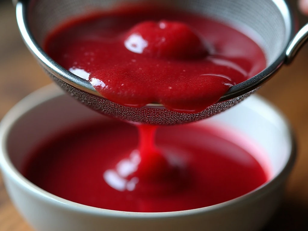 Warm raspberry sauce strained for a smooth texture