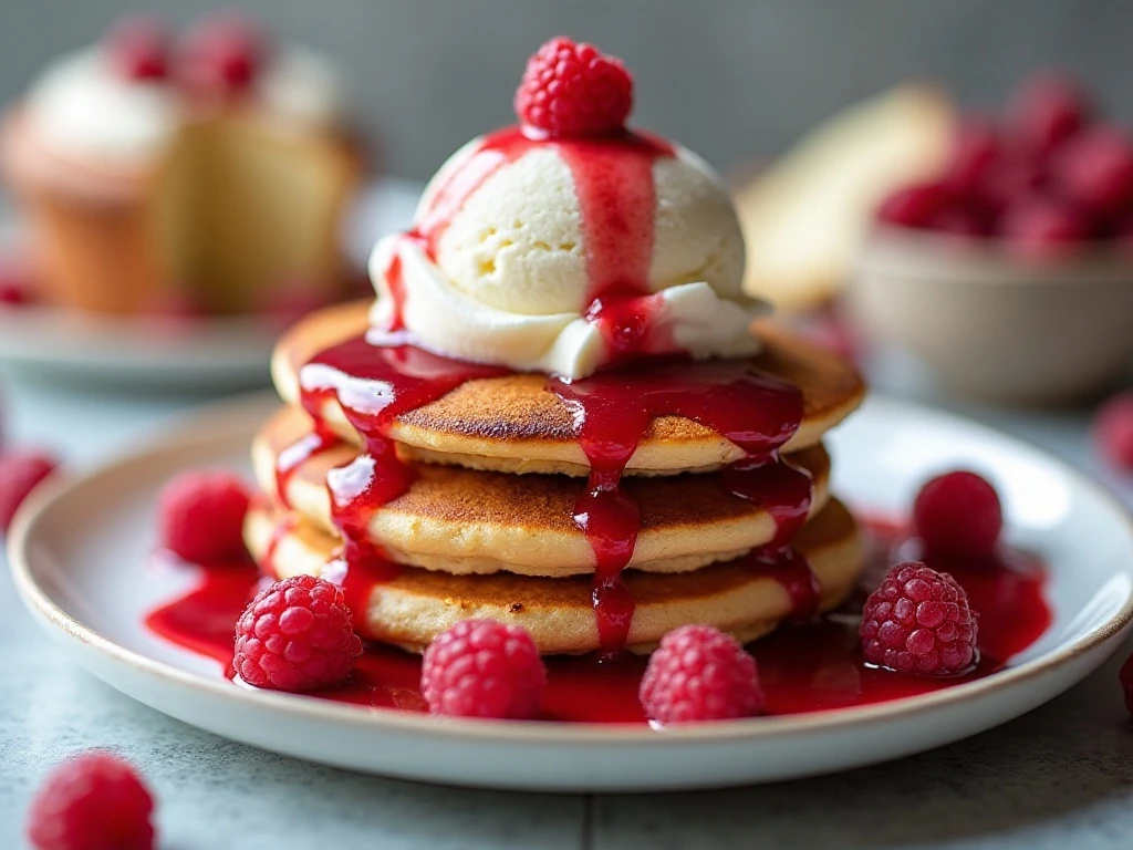 Raspberry sauce served with pancakes, cake, yogurt, and ice cream