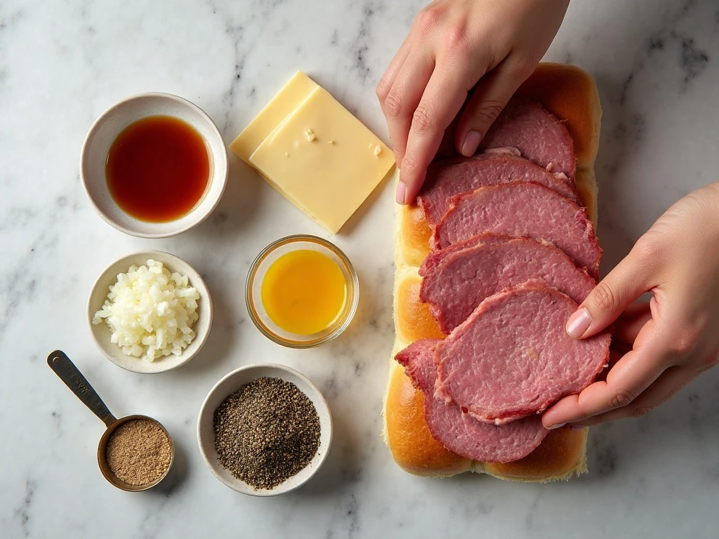 Ingredients for roast beef sliders arranged for cooking