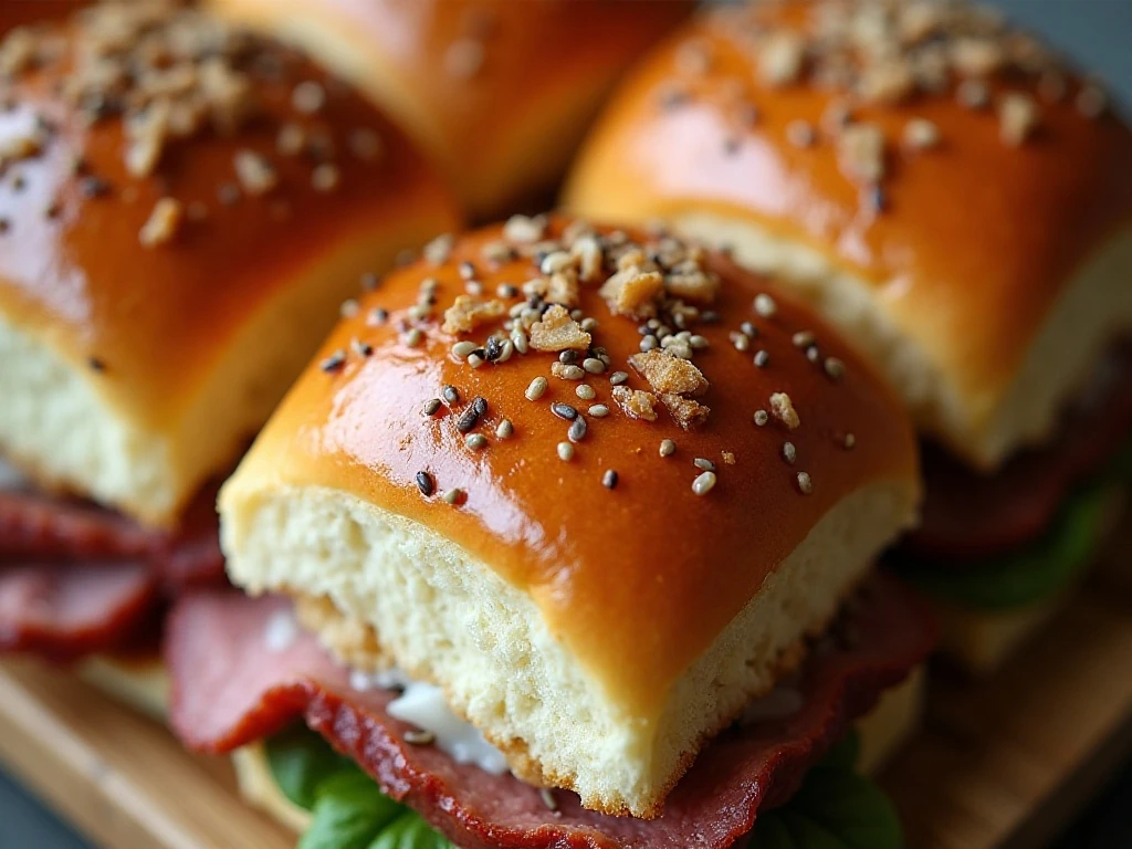 Close-up of buttery poppy seed roast beef slider tops