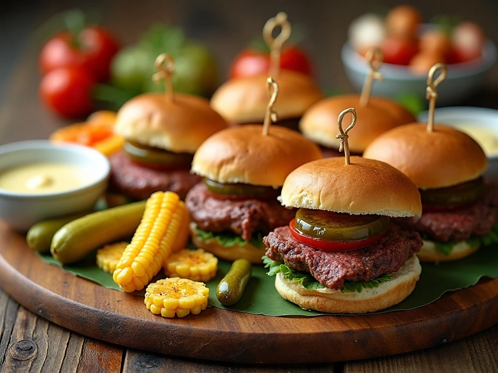 Roast beef sliders served with corn, pickles, vegetables, and dipping sauces