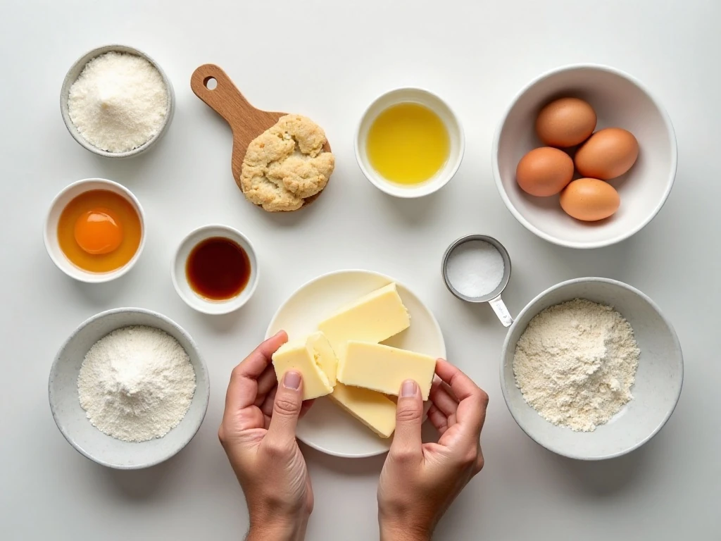 Ingredients for soft rolled sugar cookies arranged on a counter