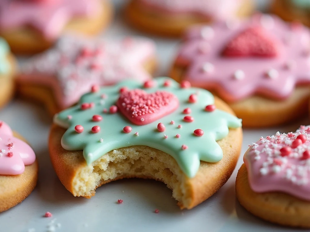 Decorated rolled sugar cookies with colorful icing and sprinkles