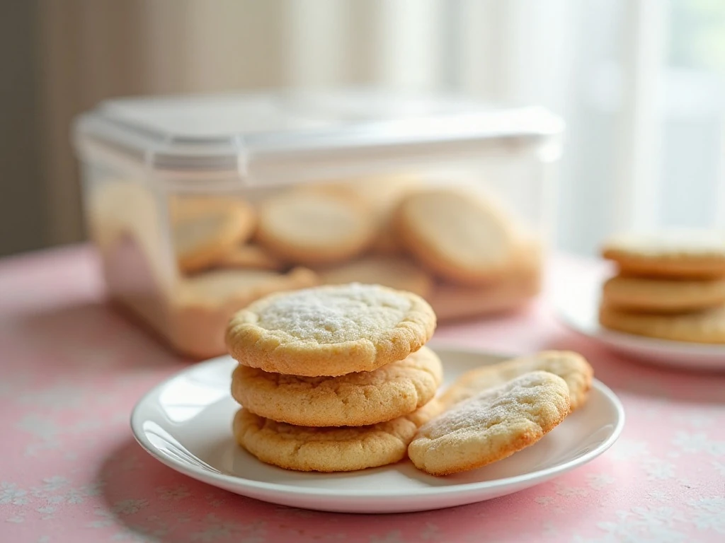 Rolled sugar cookies stored in an airtight container