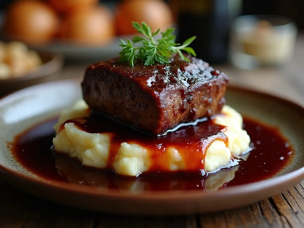 Tender red-wine-braised short ribs served over mashed potatoes