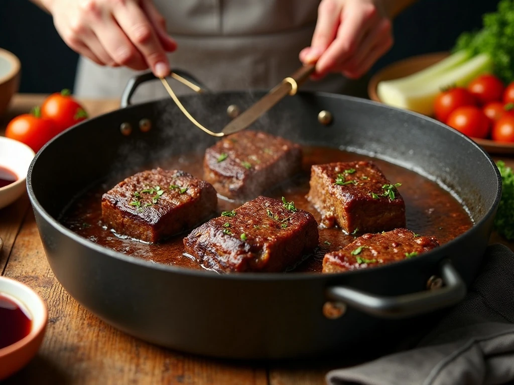 Short ribs browning in a Dutch oven before braising
